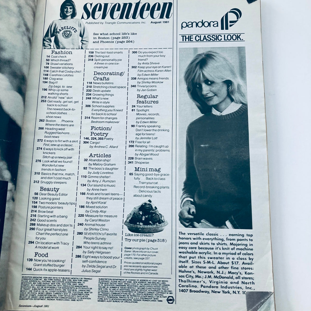 Interior page of Seventeen Magazine August 1981 Special Back To School Issue displaying the contents list, highlighting articles on fashion, beauty, and youth empowerment.