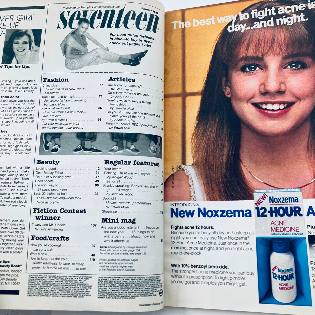 Interior page of January 1982 Seventeen Magazine showcasing articles on beauty and fashion, alongside an advertisement for Noxzema acne medication.