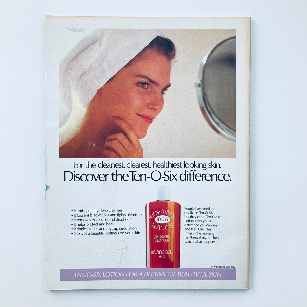 Vintage advertisement for Ten-O-Six Lotion featured in Seventeen Magazine January 1982, showcasing a young woman with healthy skin and a soothing smile, promoting deep cleansing and skincare benefits.