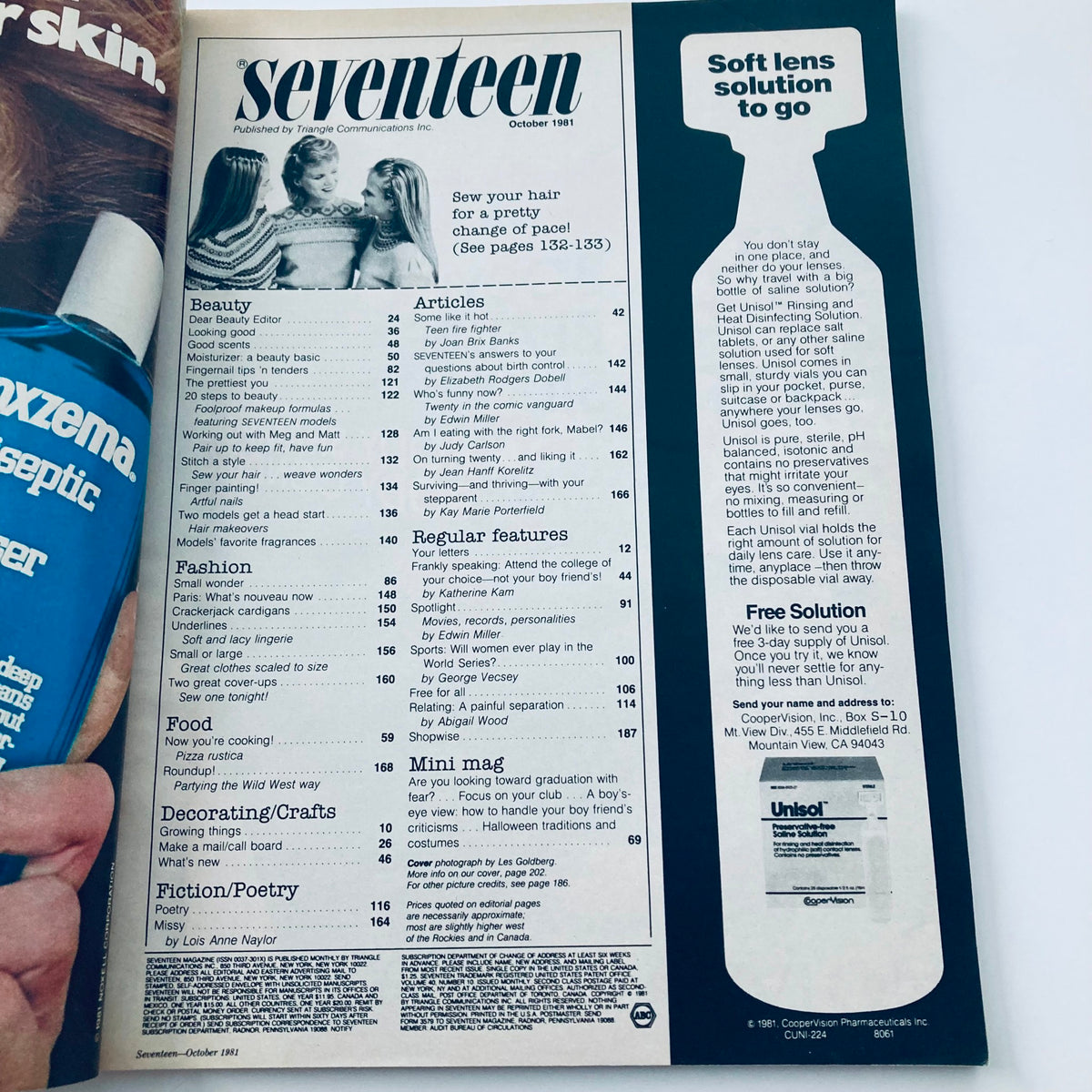 Inside page of Seventeen Magazine October 1981, showcasing the table of contents with articles on beauty, fashion, and relationships aimed at teenage readers.