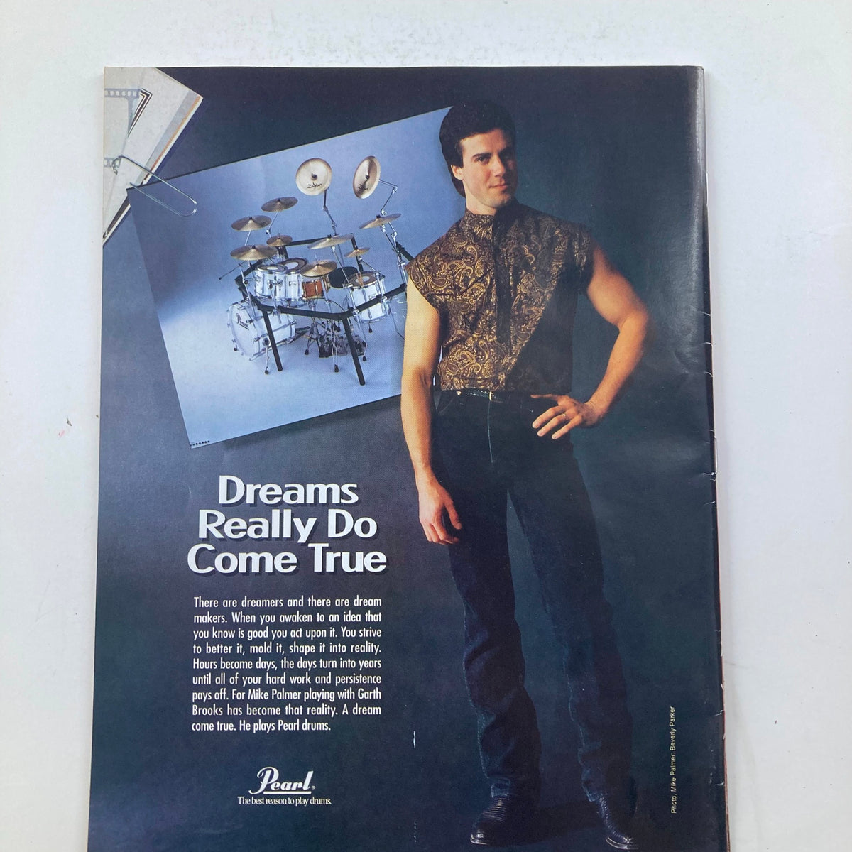Advertisement page from VTG Country Song Roundup Magazine January 1993 featuring Mike Palmer promoting Pearl drums.