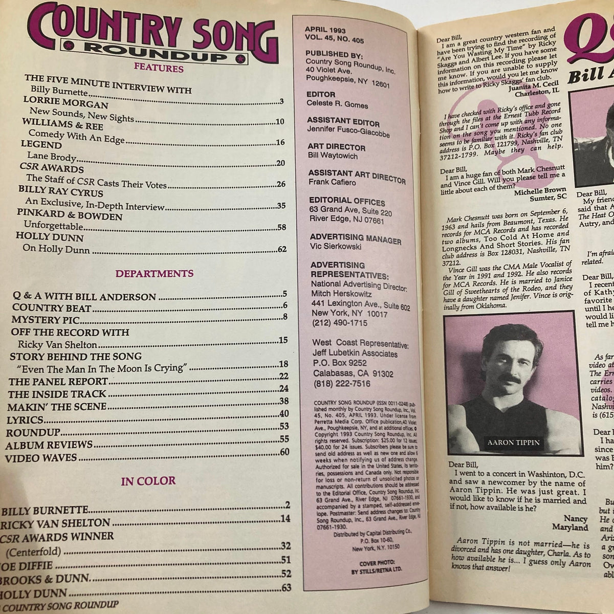 Inside page of Country Song Roundup Magazine April 1993 showcasing the table of contents. It includes features like interviews with Billy Ray Cyrus and Lorrie Morgan, along with various articles related to the country music scene.