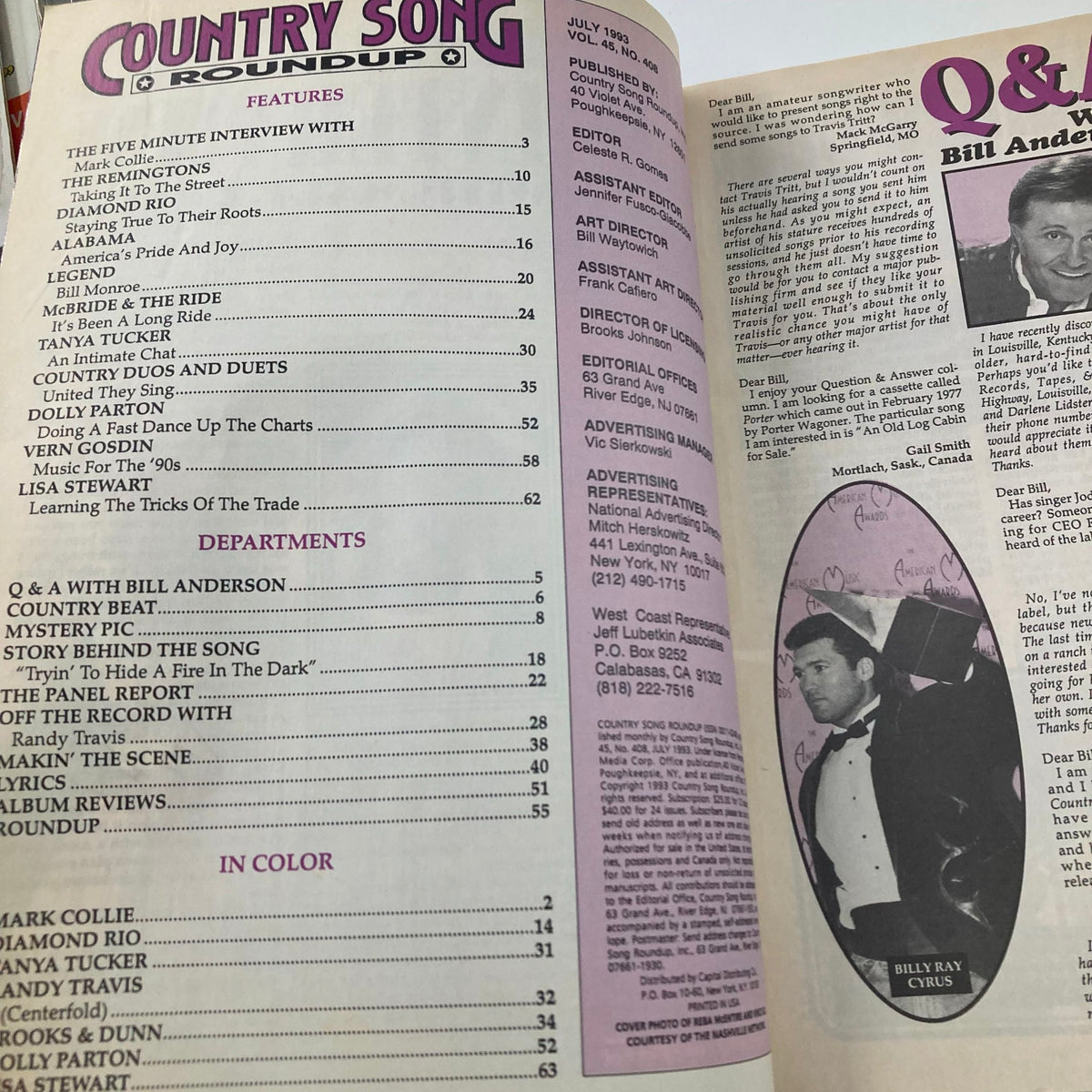 Inside page of Country Song Roundup Magazine - July 1993, displaying the table of contents including features on top country music artists like Brooks and Dunn, Tanya Tucker, and Billy Ray Cyrus.