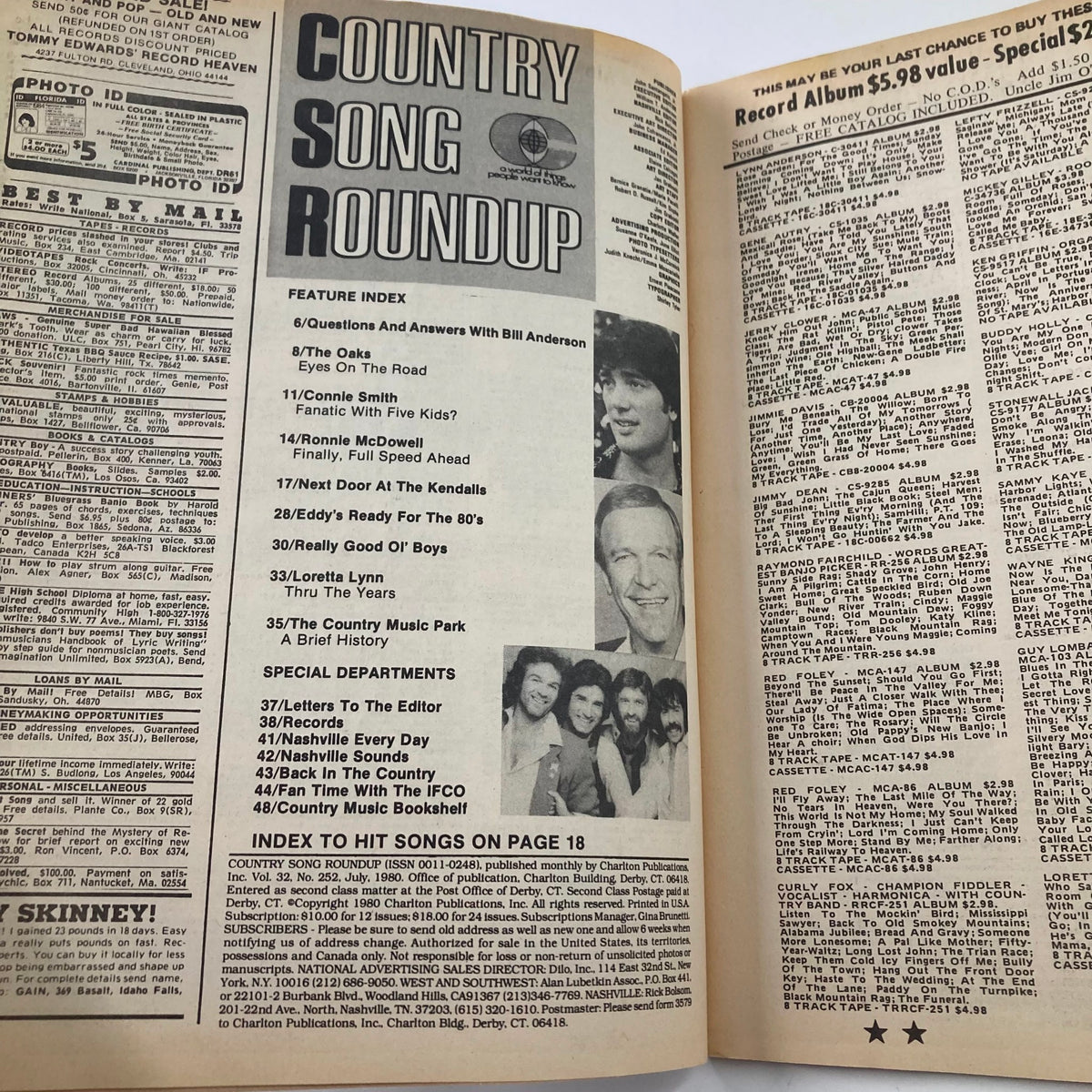 Inside page of the 'VTG Country Song Roundup Magazine July 1980' showcasing the feature index, including articles about Connie Smith, Ronnie McDowell, and Eddy Arnold. Details on the country music hits of the era are highlighted.