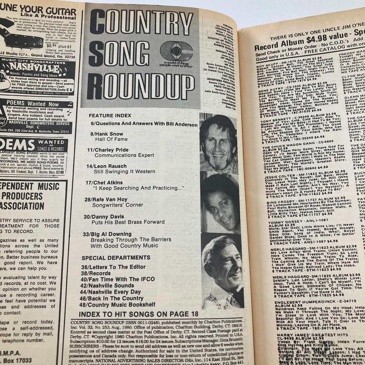 Inside view of VTG Country Song Roundup Magazine August 1980, displaying the feature index and articles about country music legends including Charley Pride and Hank Snow.