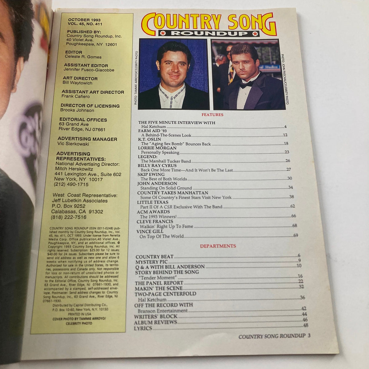 Inside page of the Country Song Roundup Magazine October 1993 featuring contents and features such as interviews with Billy Ray Cyrus and other artists, highlights from the country music genre, and vintage advertisements, pivotal for collectors and fans.