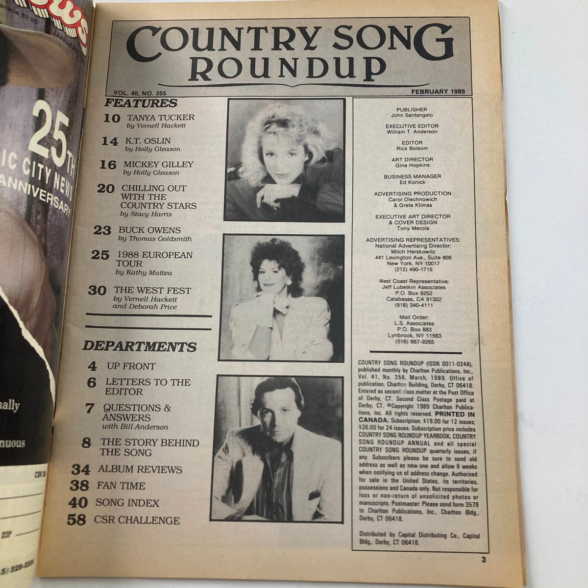 Interior page of VTG Country Song Roundup Magazine March 1989, showcasing articles and features on Tanya Tucker, K.T. Oslin, and other country music stars.
