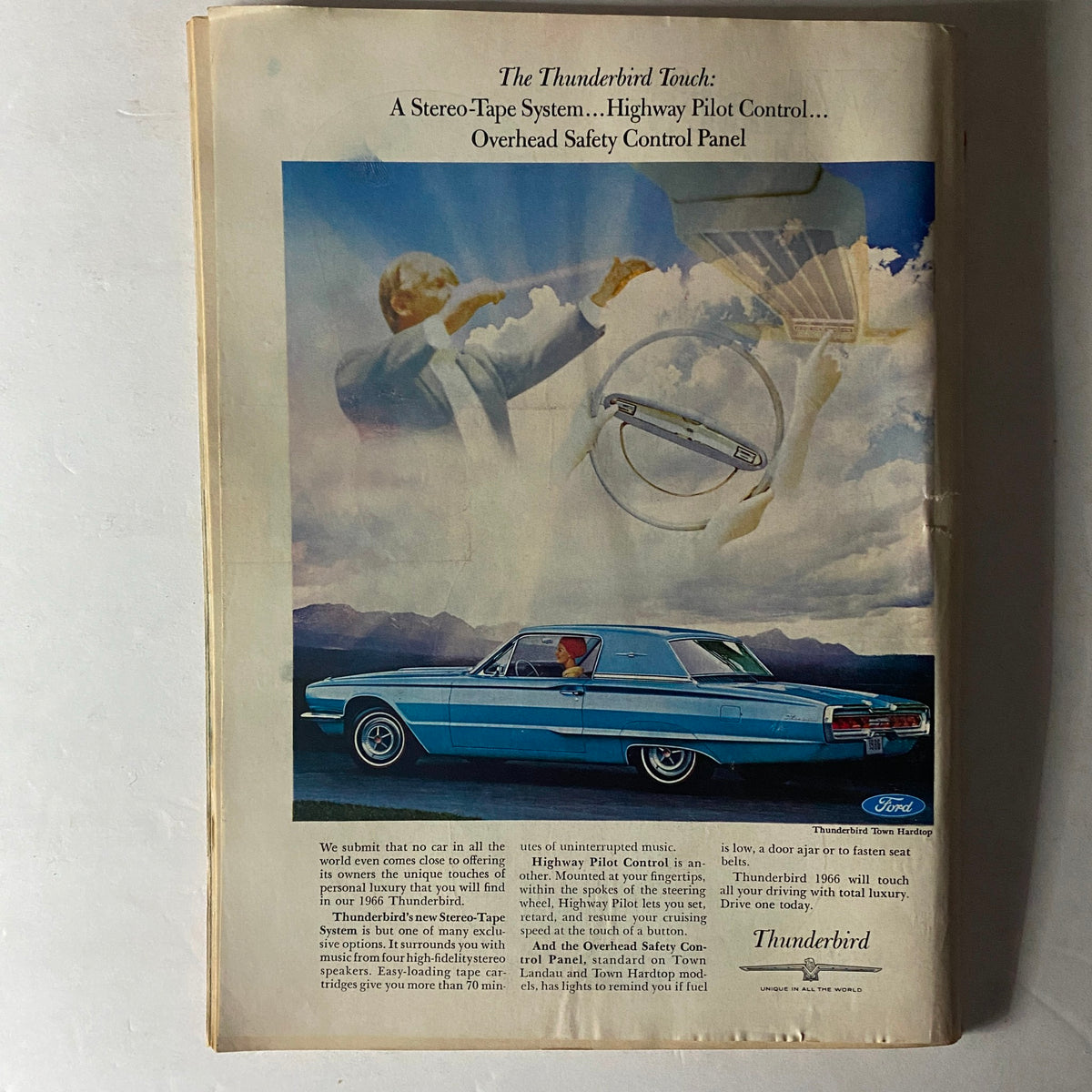 Advertisement for the Ford Thunderbird showcasing features like a stereo-tape system and highway pilot control, appearing in the April 8, 1966 issue of Time Magazine.
