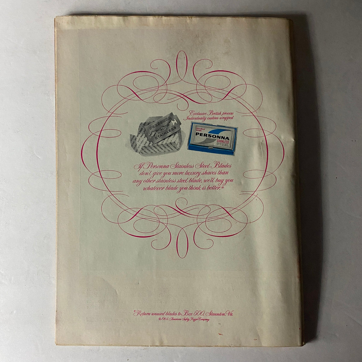 Back cover of Time Magazine January 17, 1964 Vol 83 No. 3, featuring advertising for Persona Stainless Steel Blades, reflecting mid-20th century design.
