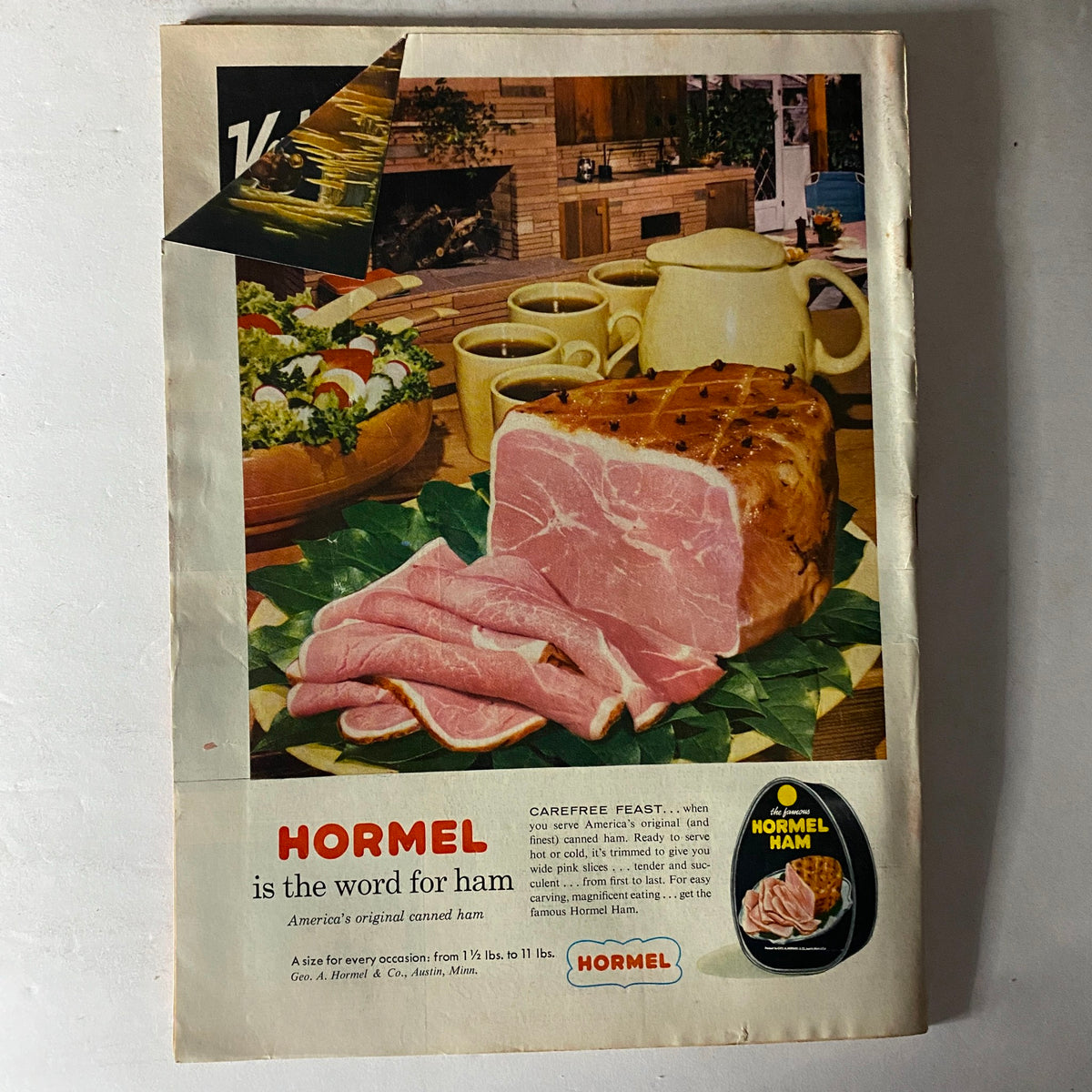 Vintage advertisement from Time Magazine June 23 1958 Vol 71 No. 25, featuring a colorful display of Hormel ham alongside a salad and kitchenware, illustrating mid-century dining trends.