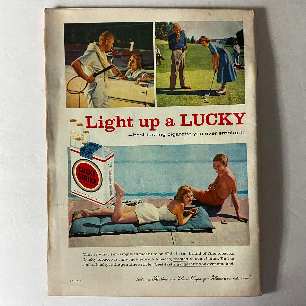 Advertisement for Lucky Strike cigarettes from a vintage magazine, promoting the product with a summer leisure theme.