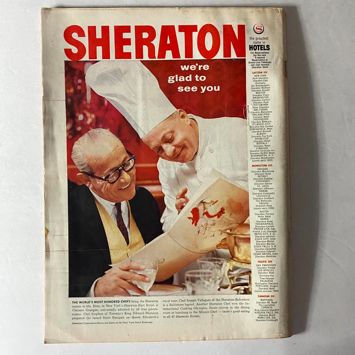 Sheraton magazine cover featuring two chefs, one wearing a chef hat, examining a menu, with text stating 'we're glad to see you', highlighting the hospitality theme.