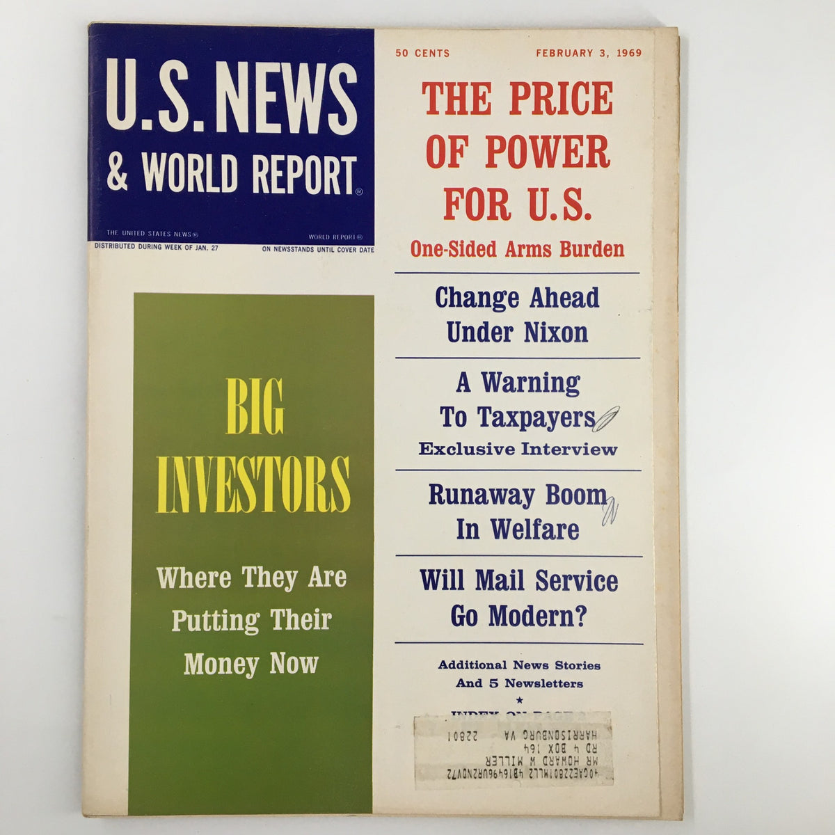 Cover of US News & World Report Magazine from February 3, 1969, featuring the title 'The Price of Power for U.S.', highlighting major articles including 'Change Ahead Under Nixon' and 'Big Investors'.