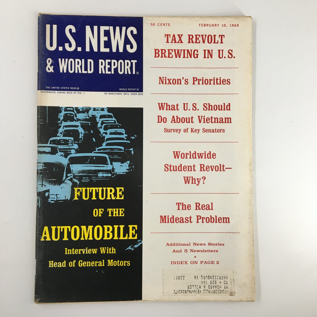 US News & World Report Magazine February 10 1969 cover featuring the headline 'Tax Revolt Brewing in U.S.' and articles on Nixon's priorities, Vietnam, and the future of the automobile.