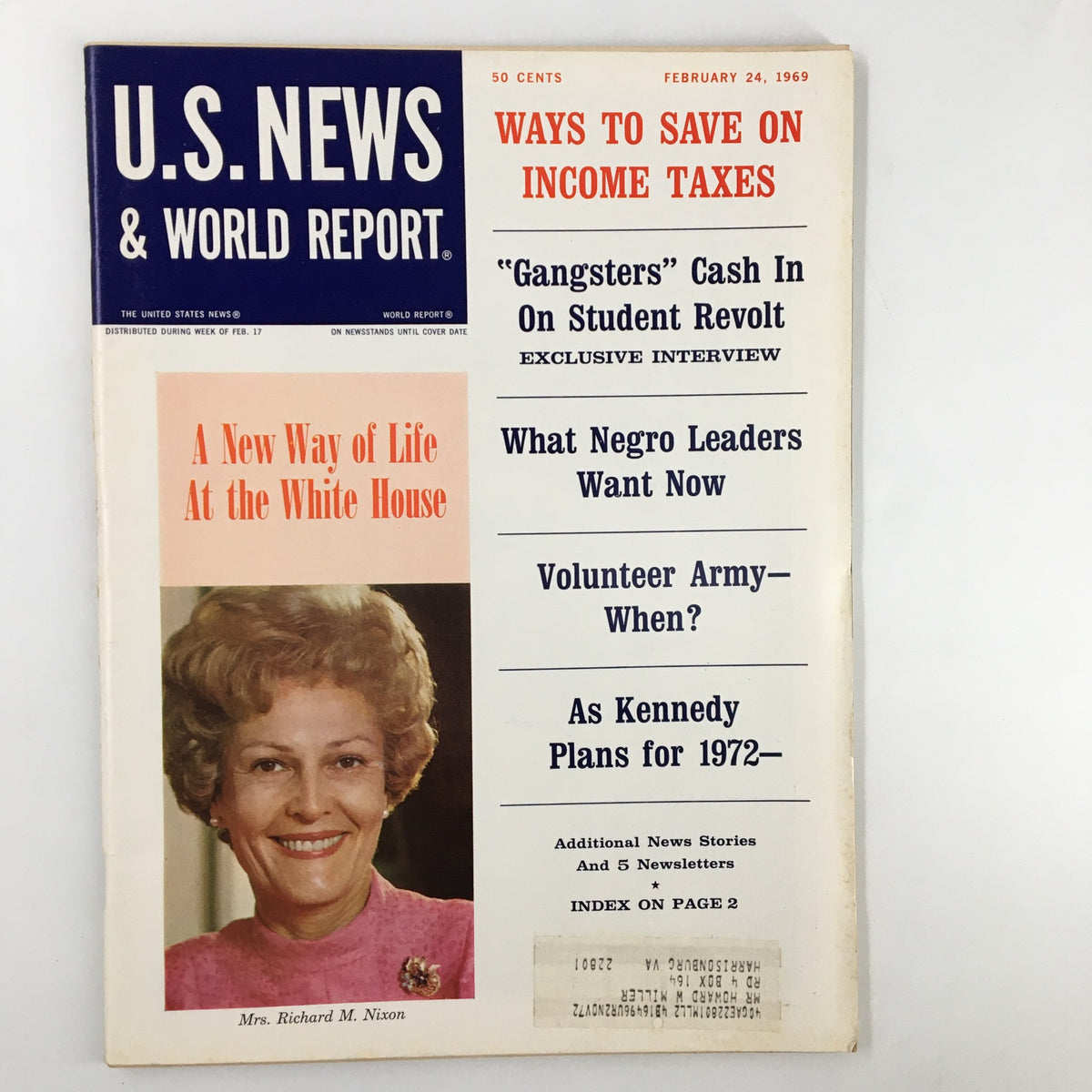 Cover of US News & World Report Magazine from February 24, 1969, featuring Mrs. Patricia Ryan Nixon with headlines discussing income taxes and societal issues.