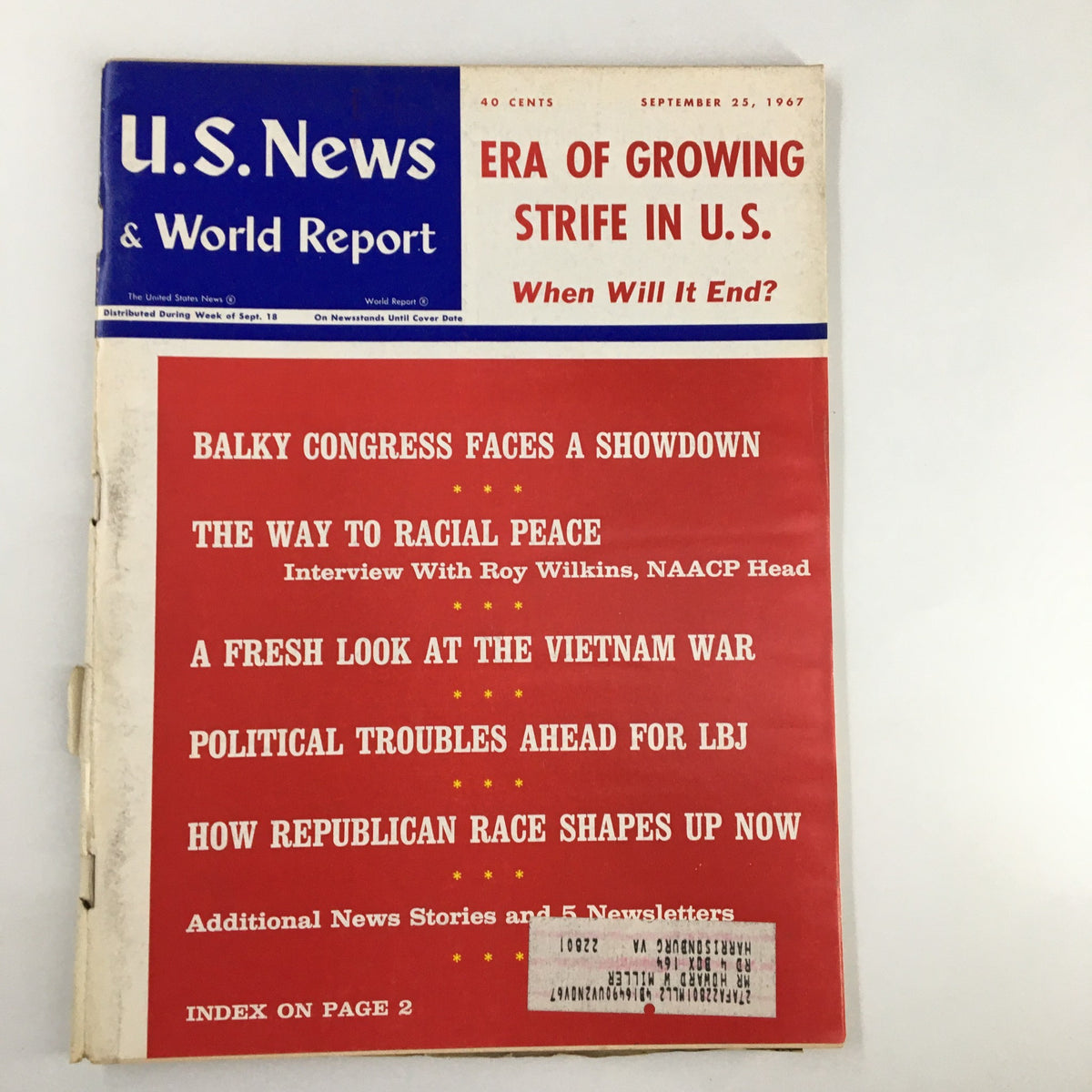 Cover of US News & World Report Magazine dated September 25, 1967, featuring articles on growing strife in the U.S. including topics like racial peace and the Vietnam War.