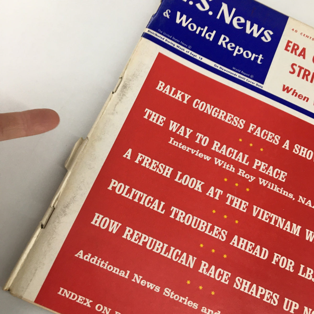 Close-up view of the cover of US News & World Report Magazine September 25, 1967, highlighting key articles on political issues and social challenges in the U.S.