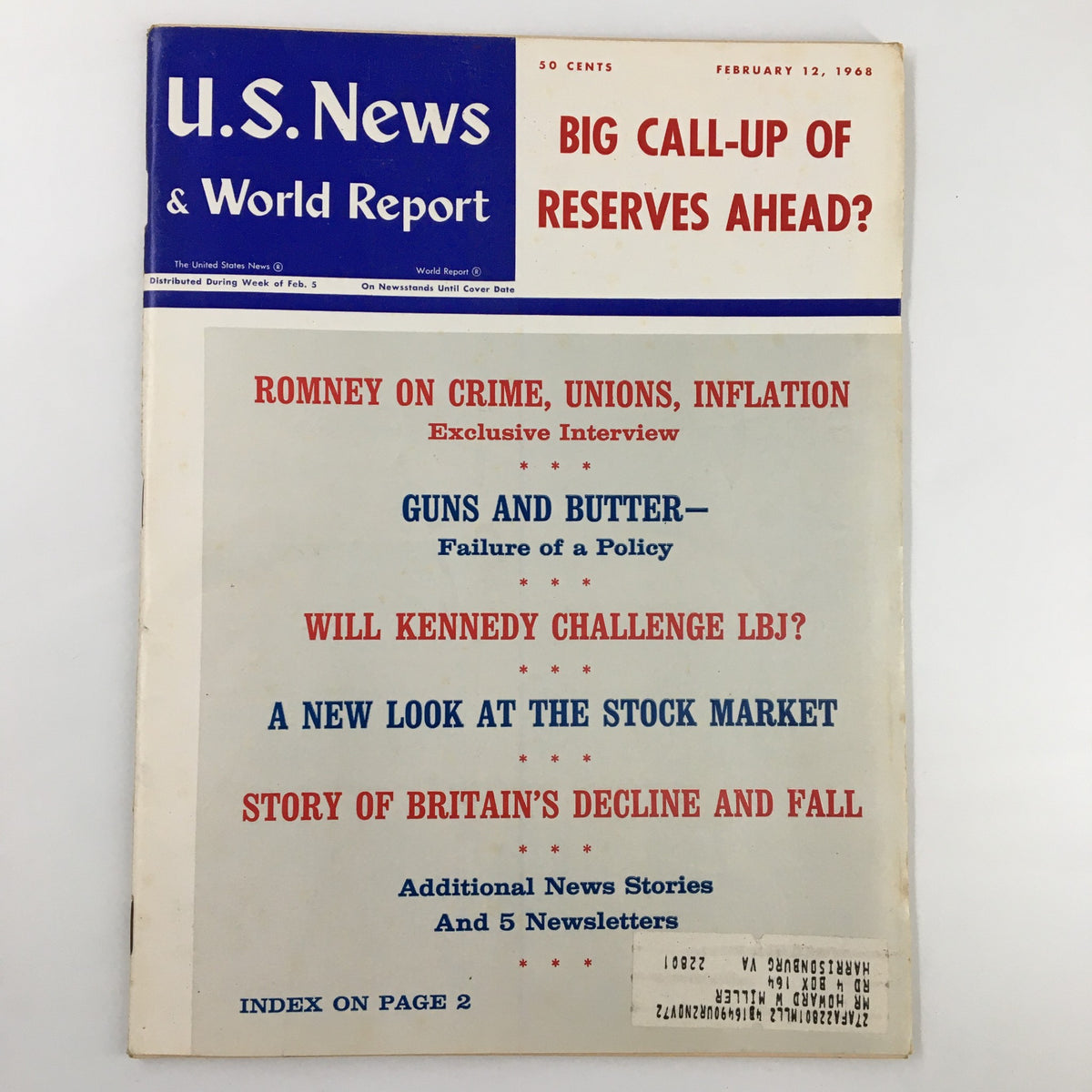 Cover of US News & World Report Magazine dated February 12, 1968 featuring the headline 'Big Call-Up of Reserves Ahead?' alongside articles on various topics including Romney on crime, exclusive interviews, and stock market insights.