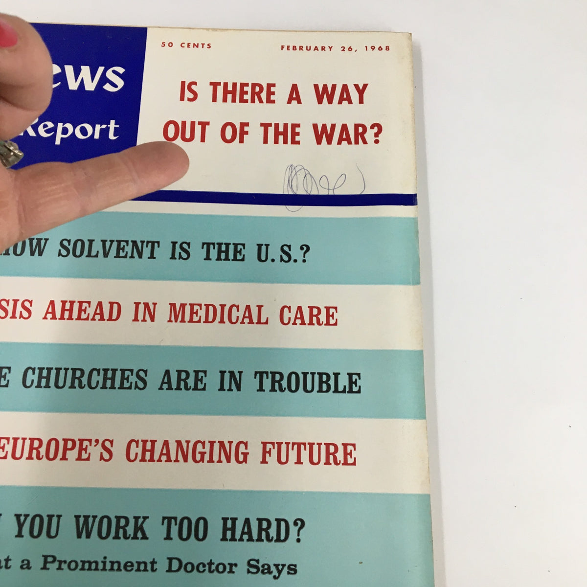 Close-up of the cover of US News & World Report Magazine February 26, 1968, highlighting the provocative question 'Is There A Way Out of the War?' and additional featured articles.