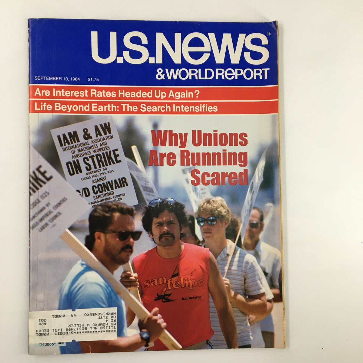 Cover of US News & World Report Magazine September 10, 1984, featuring the headline 'Why Unions Are Running Scared' with striking workers holding banners.