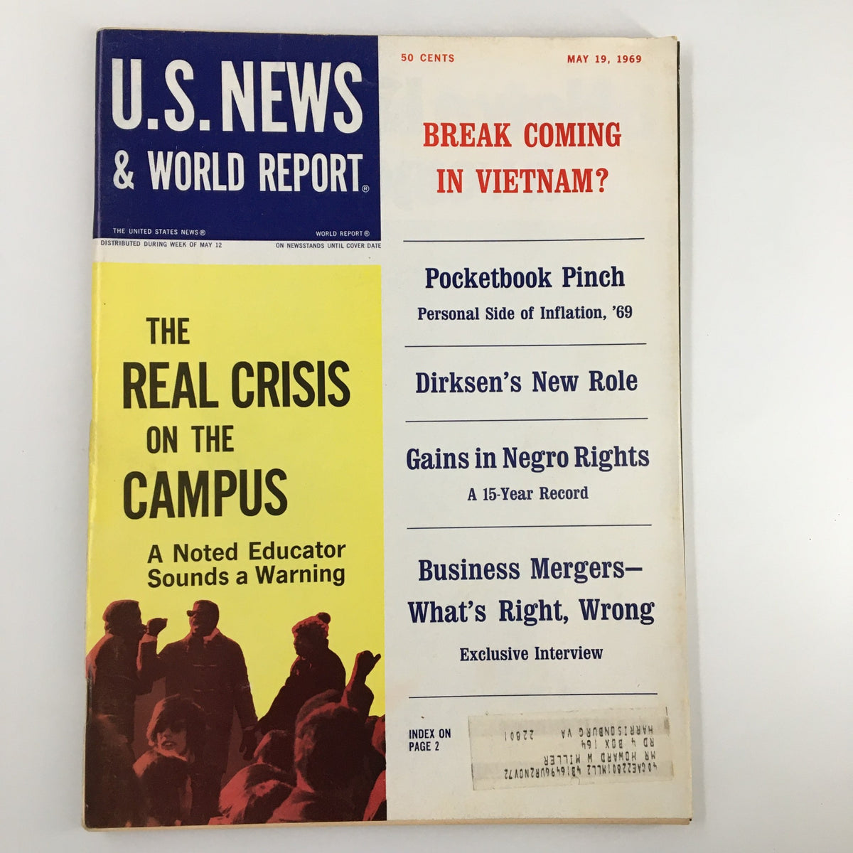 Cover of US News & World Report Magazine from May 19, 1969, featuring the title 'The Real Crisis on the Campus' along with articles about student issues, political climate, and socio-economic topics relevant to the era.