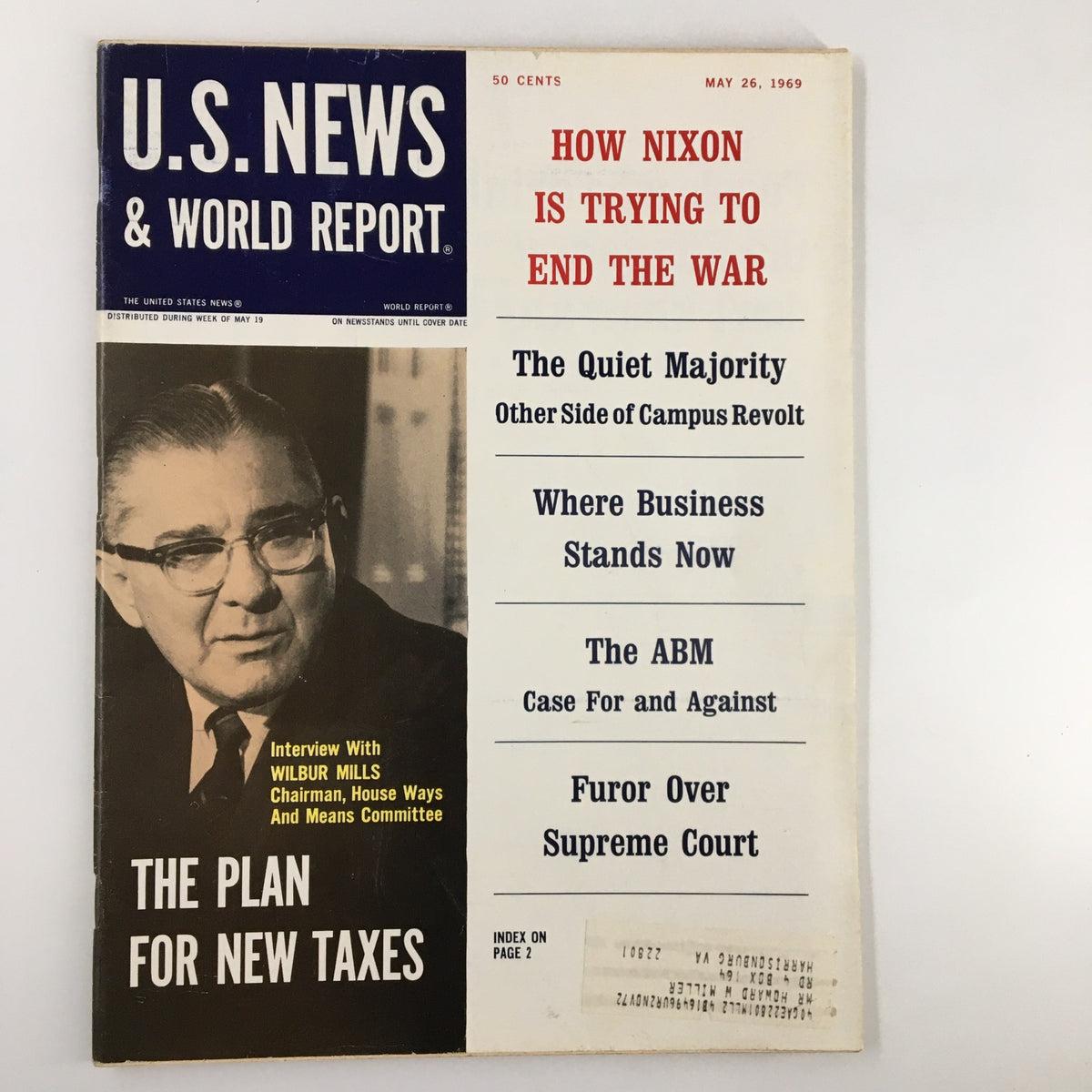 Cover of US News & World Report Magazine from May 26, 1969, featuring interview with Wilbur Mills, highlighting political topics and historical insights from the era.