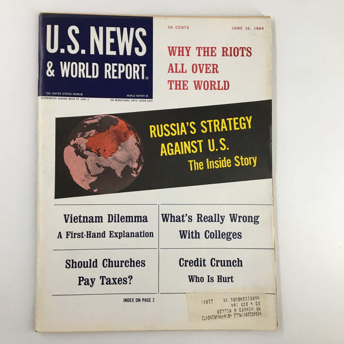 Cover of US News & World Report Magazine dated June 16, 1969, featuring the headline 'Should Churches Pay Taxes?' along with other trending topics of the era such as Vietnam Dilemma and Russia’s Strategy Against the U.S.
