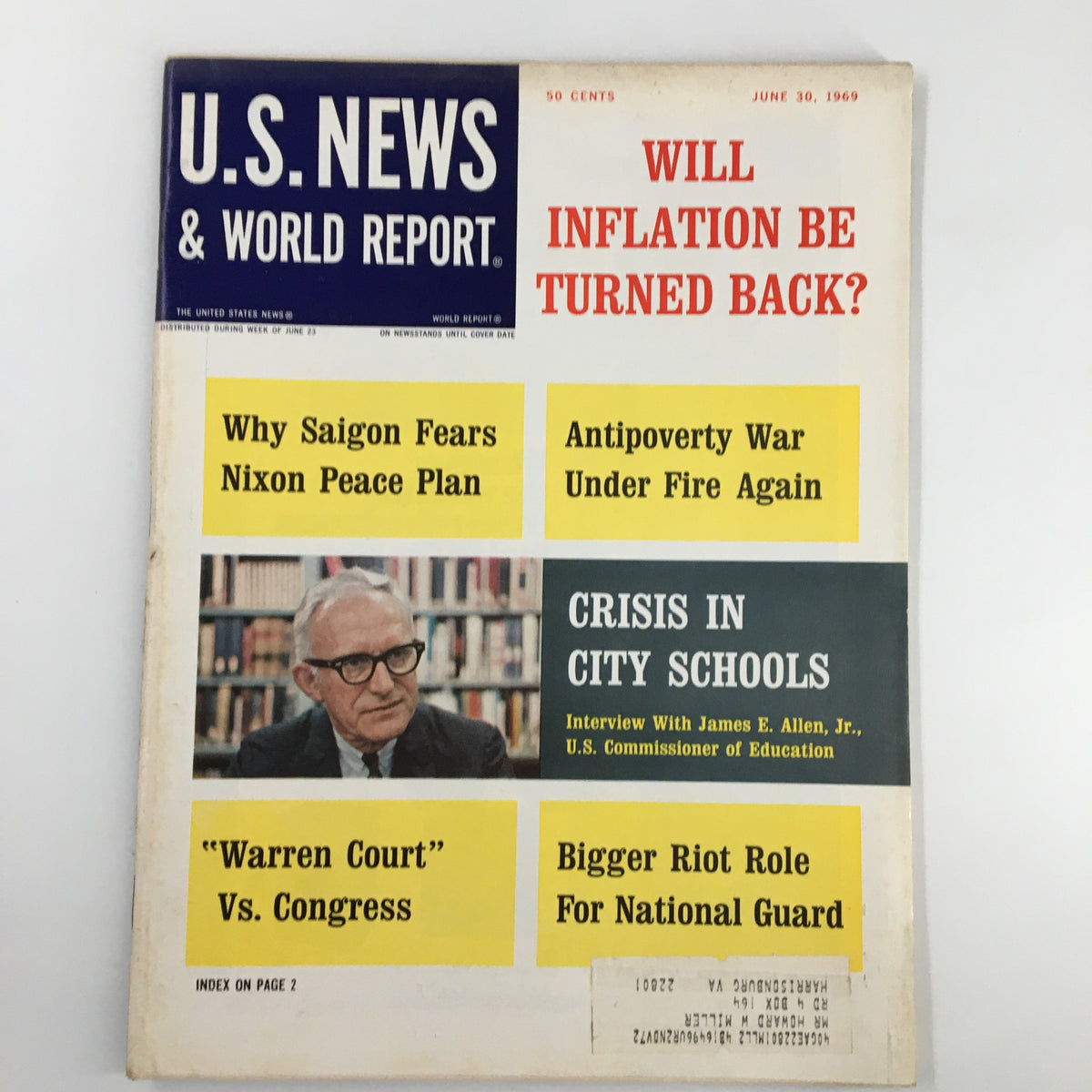 Cover of US News & World Report Magazine dated June 30, 1969 highlighting topics such as Warren Court vs Congress, a crisis in city schools, and political commentary on Nixon's peace plan.