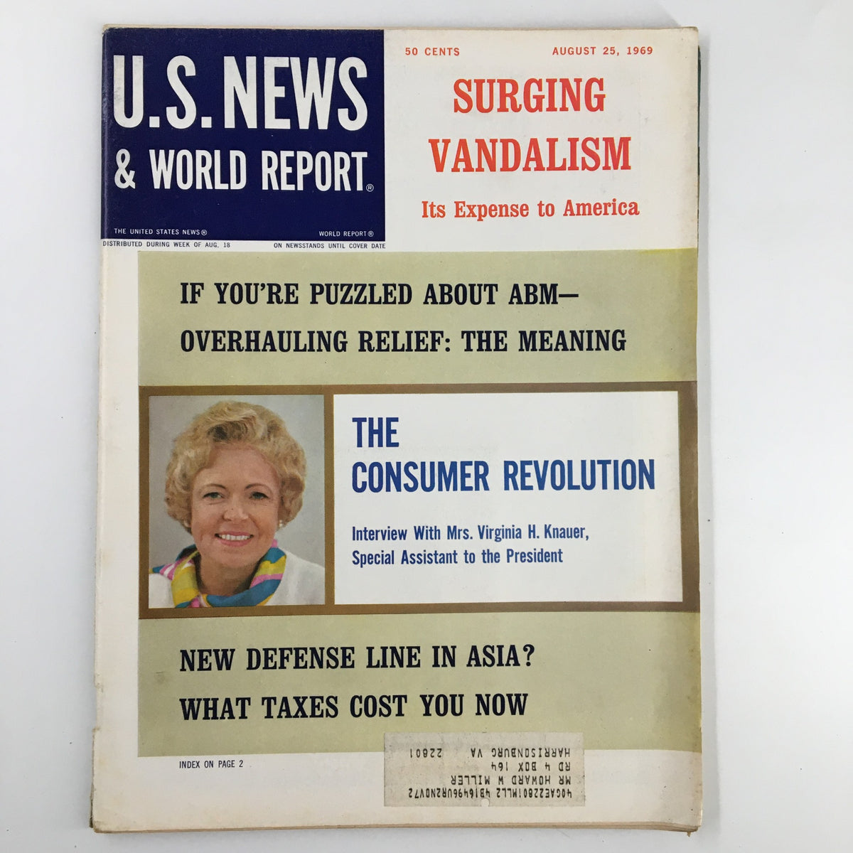 Cover of US News & World Report Magazine from August 25, 1969, featuring 'The Consumer Revolution' with a portrait of Mrs. Virginia H. Knauer, discussing social changes in consumer attitudes.