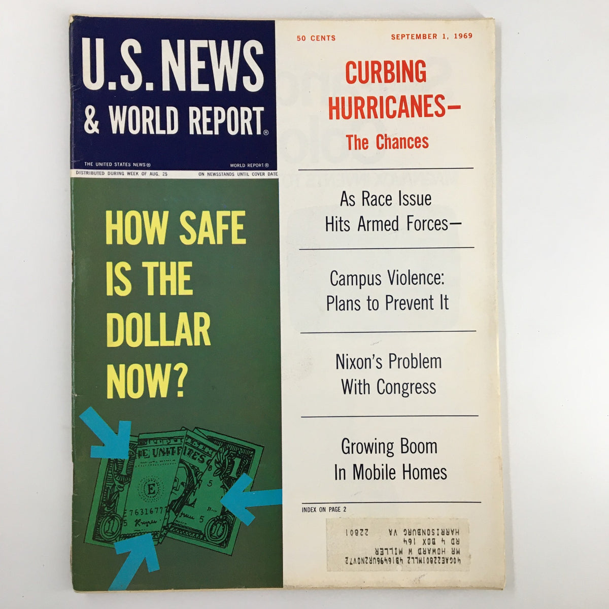 Cover of US News & World Report Magazine from September 1, 1969, featuring the headline 'How Safe Is The Dollar Now?' alongside topics like 'Curbing Hurricanes' and issues affecting the nation during that era.