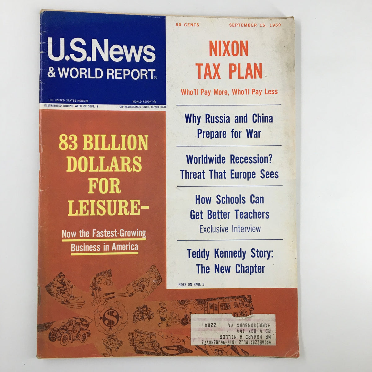 Cover of US News & World Report Magazine from September 15, 1969, featuring the headline on Nixon's Tax Plan, and articles on economic and global issues.