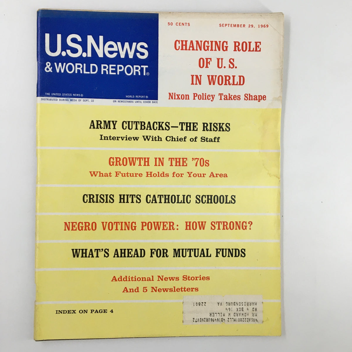 Cover of US News & World Report Magazine from September 29, 1969, featuring a headline on Army Cutbacks - The Risks, along with articles on various social issues and the Nixon Policy.