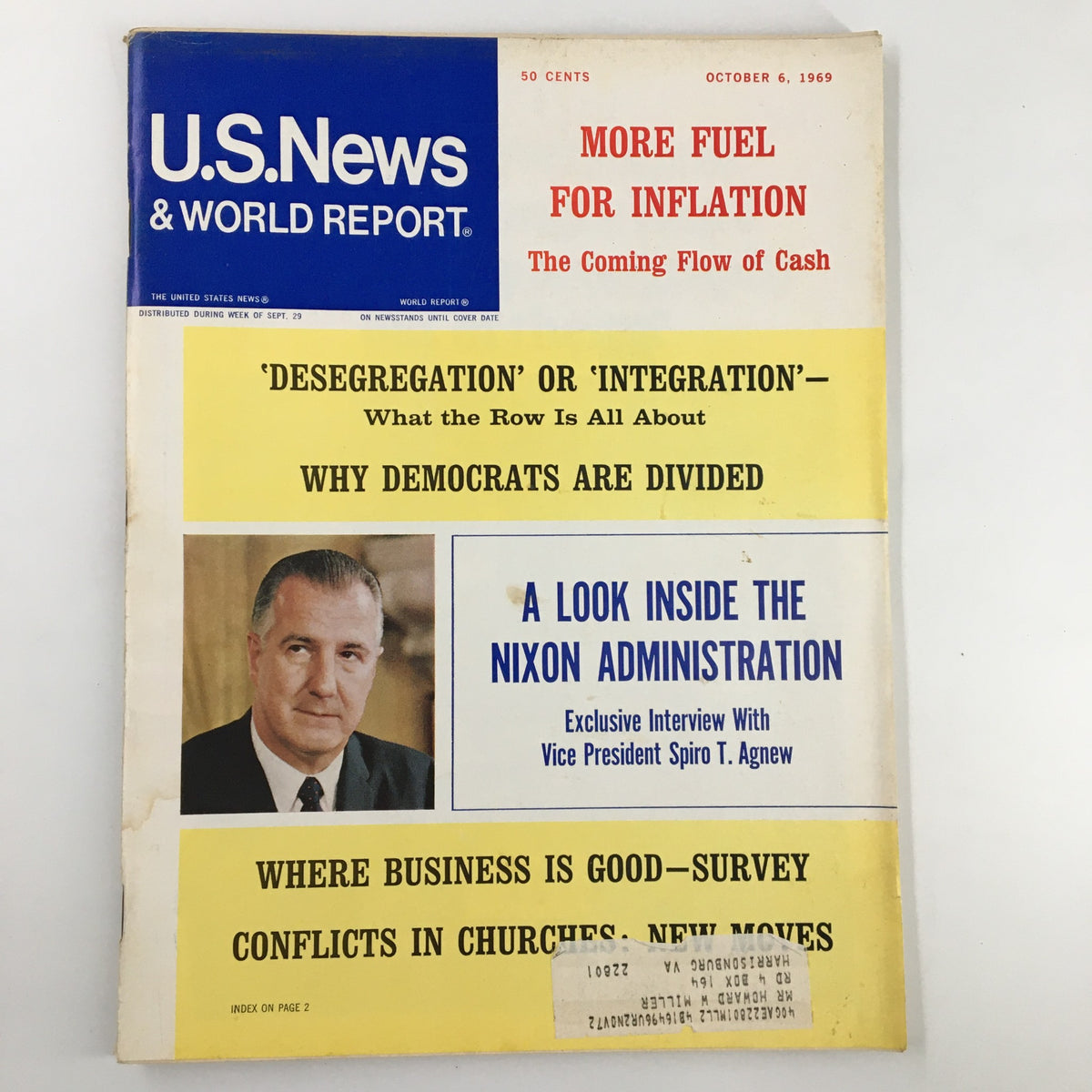 Cover of US News & World Report Magazine dated October 6, 1969, featuring an exclusive interview with Vice President Spiro T. Agnew, highlights political topics and more.