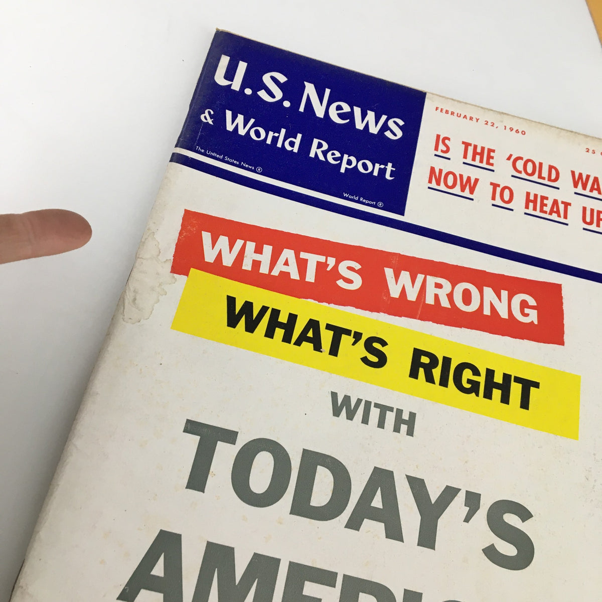 Cover of US News & World Report Magazine from February 22, 1960, featuring the headline 'Is The Cold War Now To Heat Up?' alongside bold questions about America's challenges.