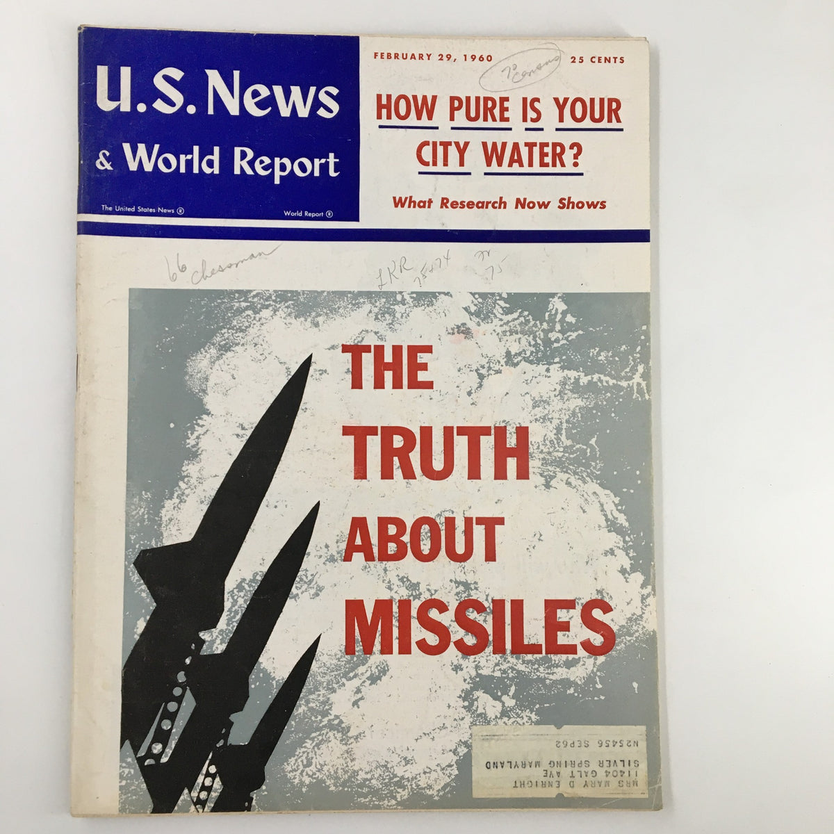 Cover of US News & World Report Magazine dated February 29, 1960 featuring the title 'How Pure Is Your City Water?' with the subtitle 'What Research Now Shows' and an artistic depiction of missiles.