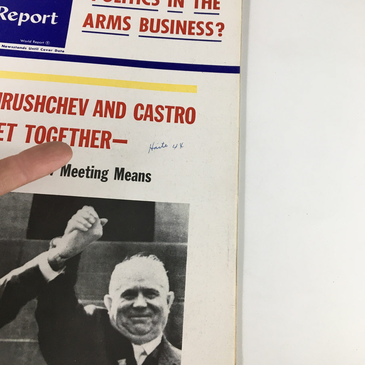 Close-up of the cover of US News & World Report Magazine, May 13 1963, highlighting the title 'Politics in the Arms Business?' and the focus on Khrushchev and Castro.