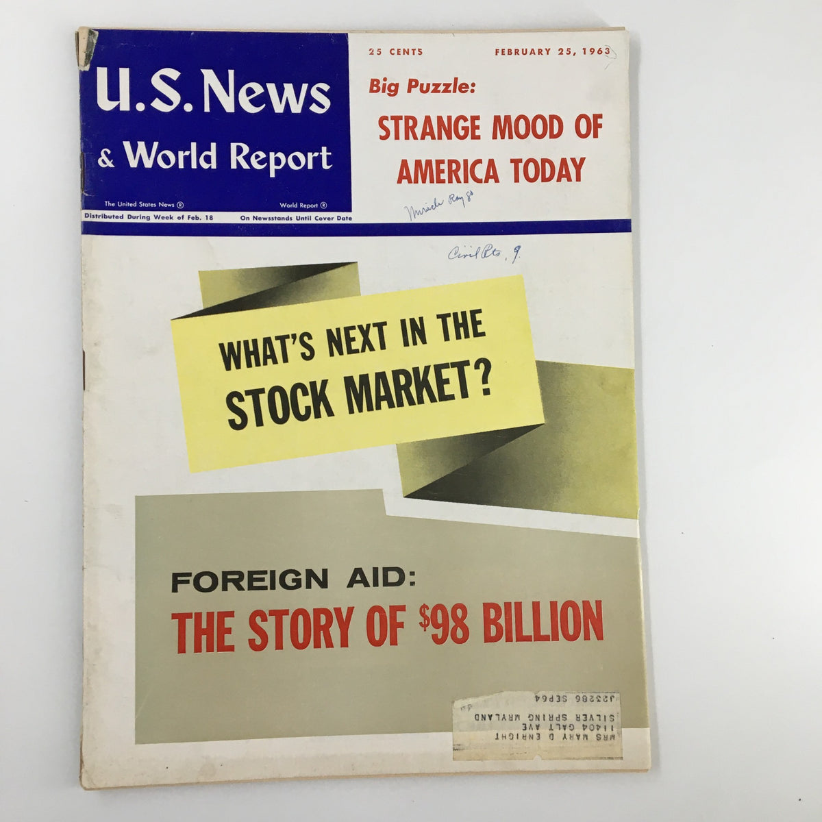 Cover of US News & World Report Magazine from February 25, 1963 featuring the title 'Strange Mood of America Today'. The magazine has bold headlines addressing stock market concerns and foreign aid.