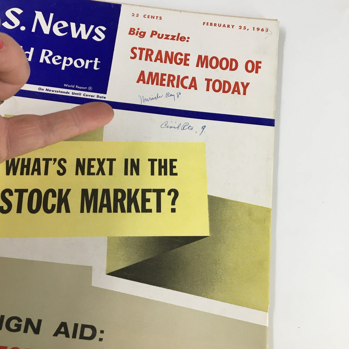 Close-up view of the cover of US News & World Report Magazine from February 25, 1963, highlighting the title 'Strange Mood of America Today' and the question, 'What's Next in the Stock Market?'