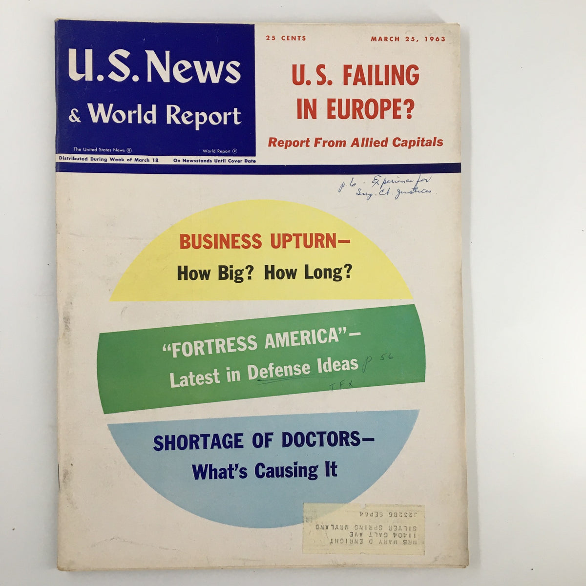 Cover of US News & World Report Magazine dated March 25, 1963, focusing on the shortage of doctors and featuring highlights such as 'Business Upturn' and 'Fortress America'.