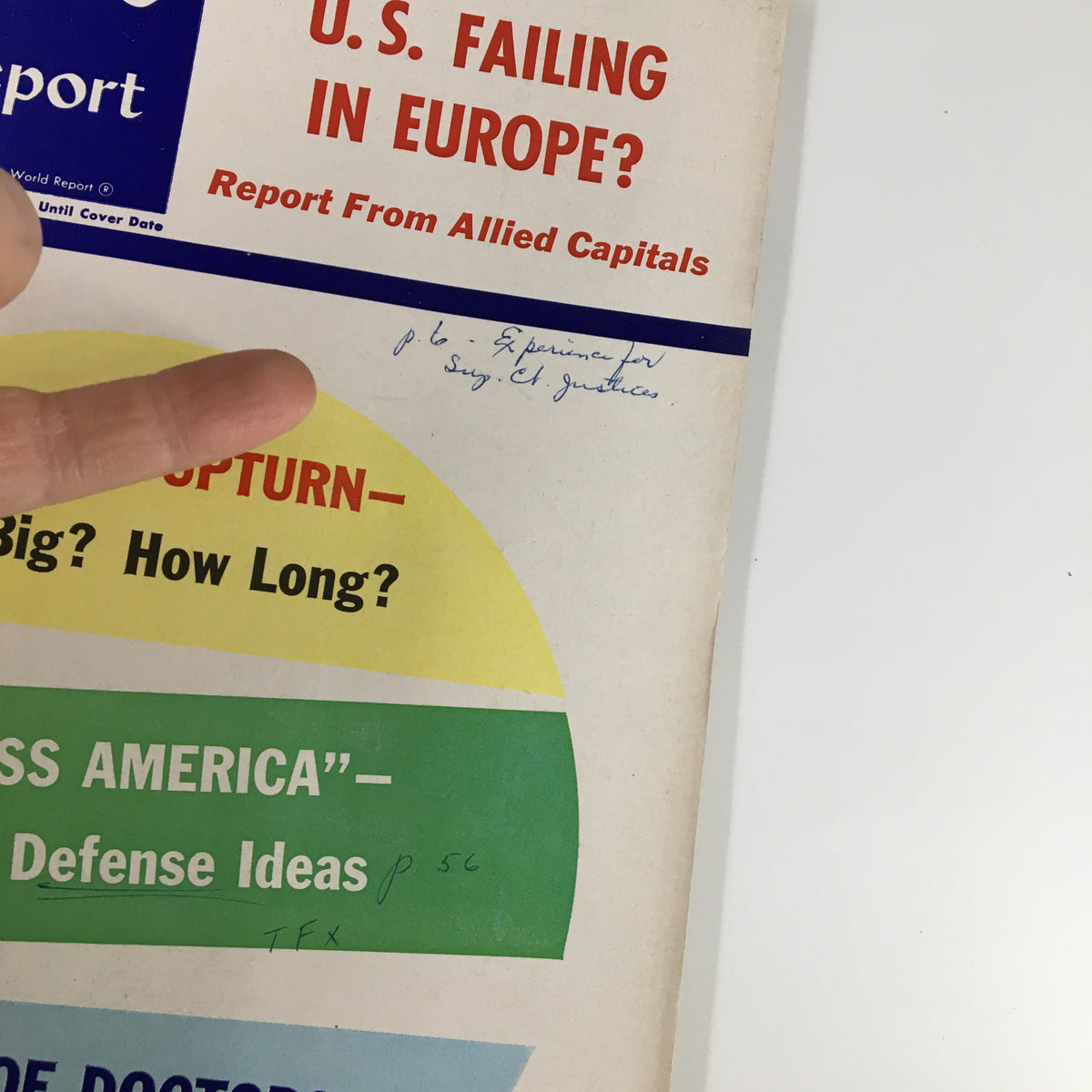 Close-up view of the cover of US News & World Report Magazine, March 25, 1963, detailing articles on the shortage of doctors and featuring handwritten notes.