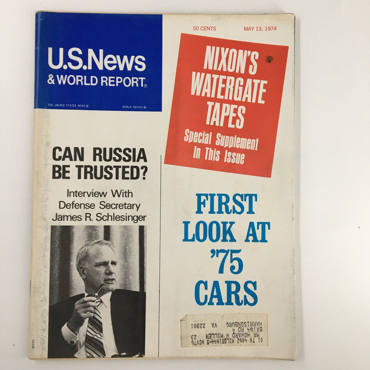US News & World Report Magazine May 13, 1974 highlighting Nixon's Watergate Tapes and featuring an interview with Defense Secretary James R. Schlesinger, alongside a preview of 1975 cars.