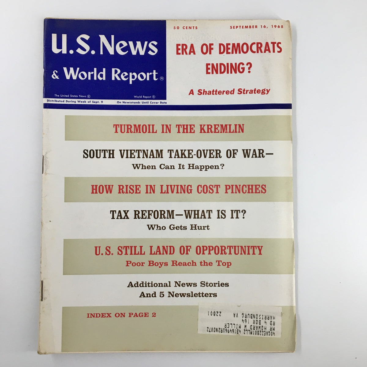 Cover of US News & World Report Magazine from September 16, 1968, titled 'Era of Democrats Ending?', featuring headlines on political topics including Vietnam, living costs, and tax reform, showcasing a pivotal moment in American history.