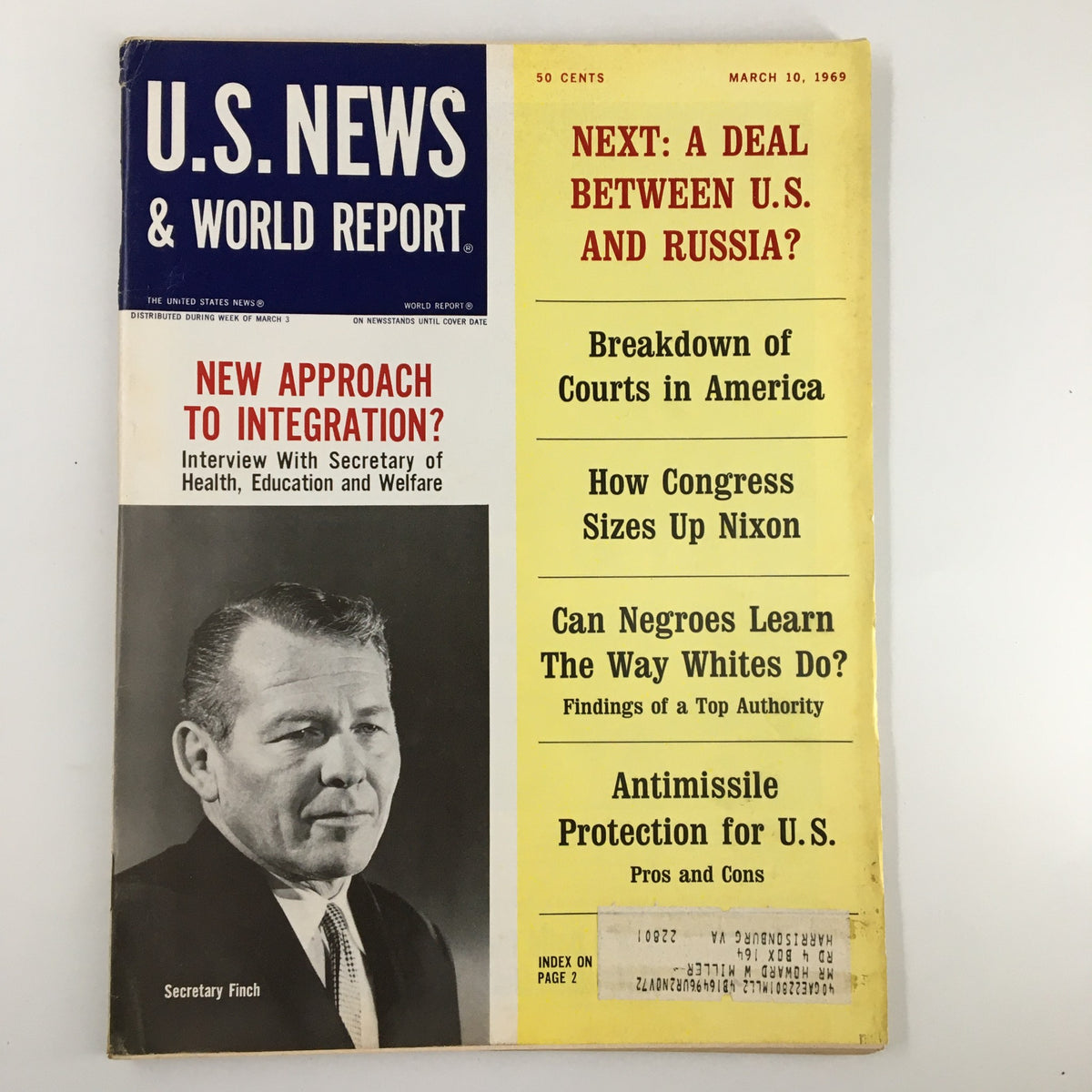 Cover of US News & World Report Magazine from March 10, 1969, featuring headlines on the breakdown of courts in America, U.S. and Russia relations, and an interview with Secretary Finch on health, education, and welfare.