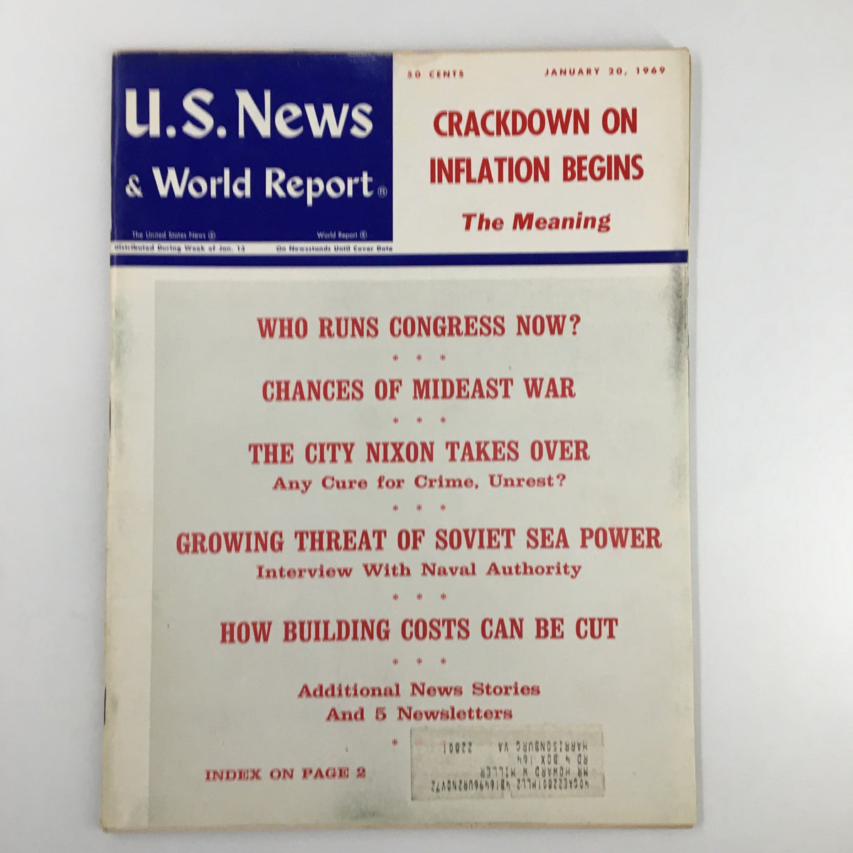 Cover of US News & World Report Magazine January 20, 1969 featuring the headline 'Crackdown On Inflation Begins' and articles on political and economic issues.