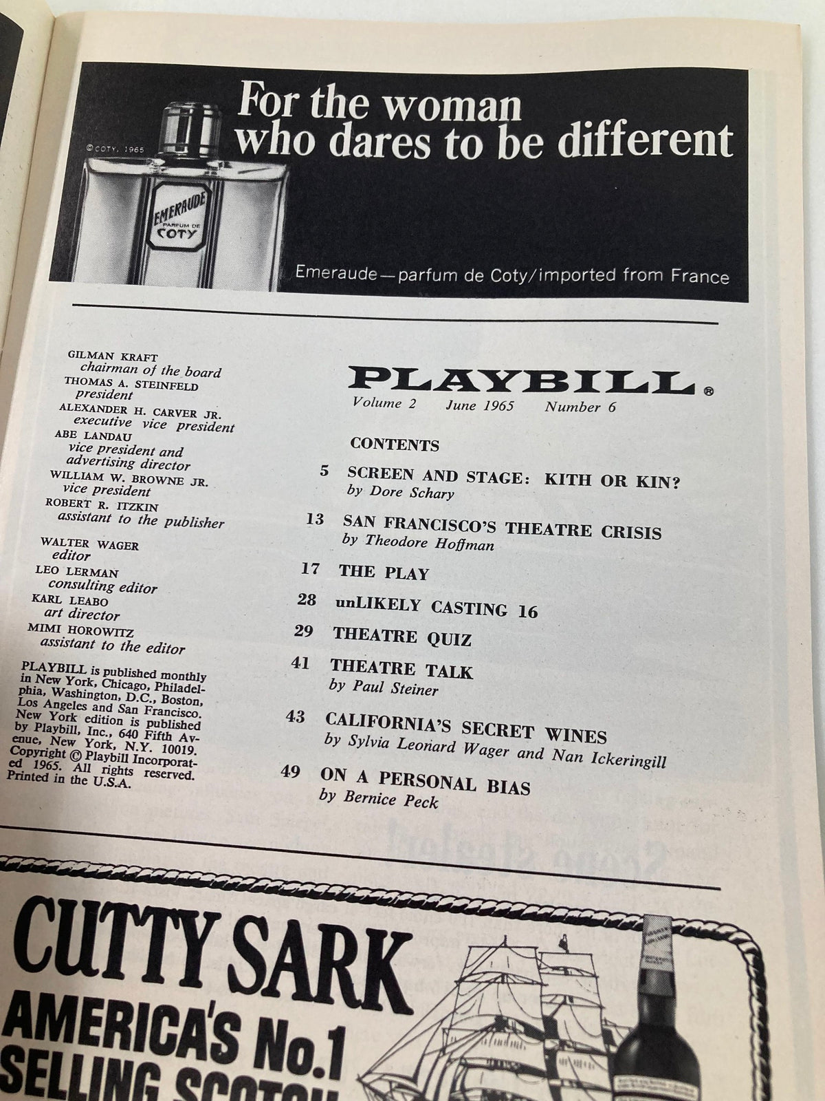 Inside page of the 1965 Playbill for Hello Dolly! detailing contents and articles relevant to theater enthusiasts.