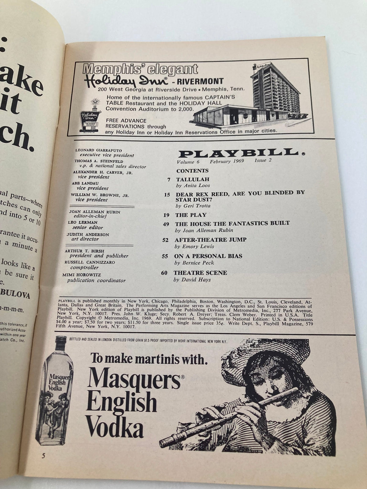 Interior page of the 1969 Playbill for 'The Great White Hope', including contents listing and vintage advertisements, emphasizing its historical significance.