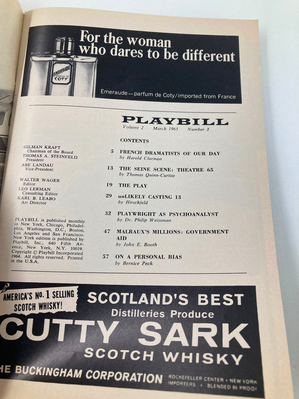 Interior page of the 1965 Playbill from Helen Hayes Theatre listing contents, advertisements, and event details.