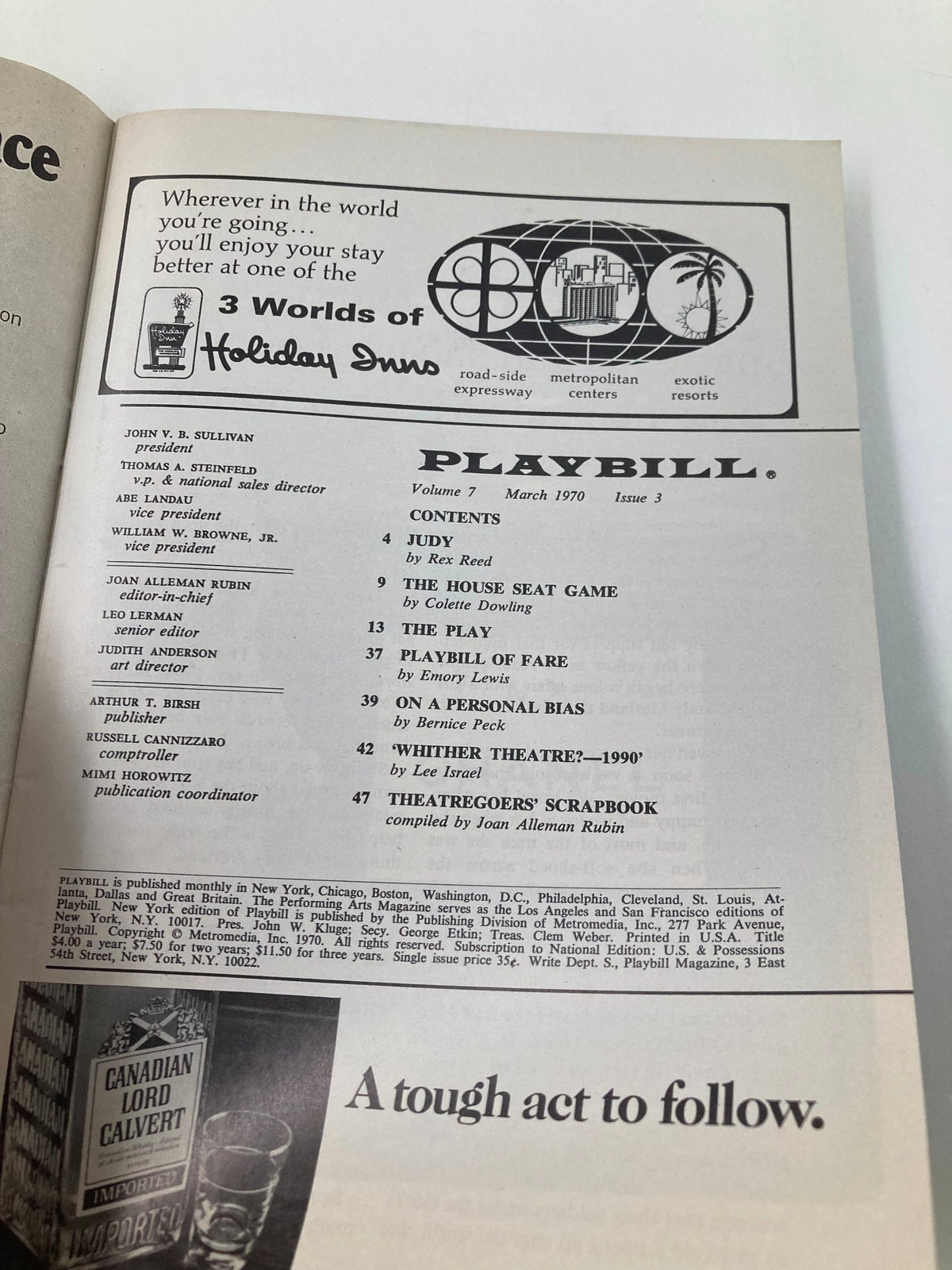 Inside page of the 1970 Playbill for Man of La Mancha at Martin Beck Theatre, displaying contents and promotional material. Published in March 1970.