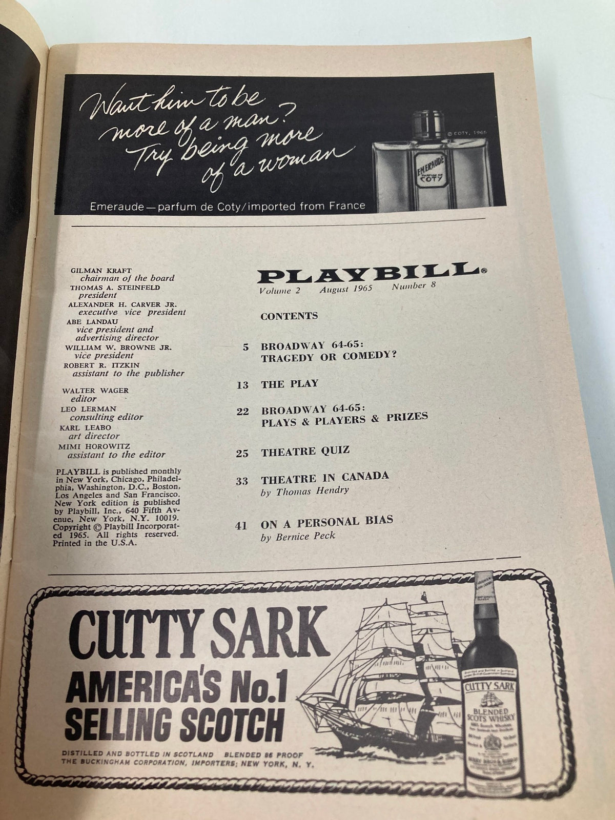 Inside page of the 1965 Playbill for Luv, including table of contents and advertisements, highlighting the historical significance of the theater era.