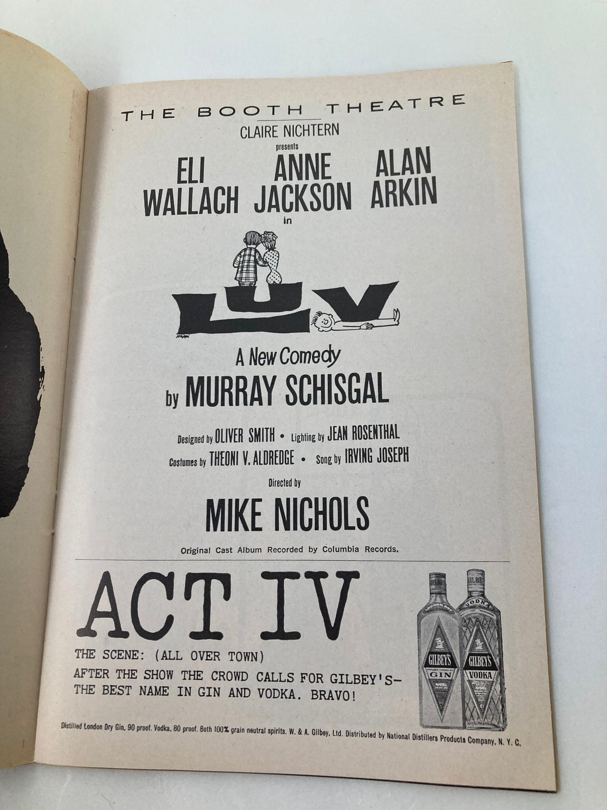 1965 Playbill for The Booth Theatre featuring Eli Wallach, Anne Jackson, and Alan Arkin in the play Luv. The image displays the inside page of the Playbill showcasing the production details and credits.